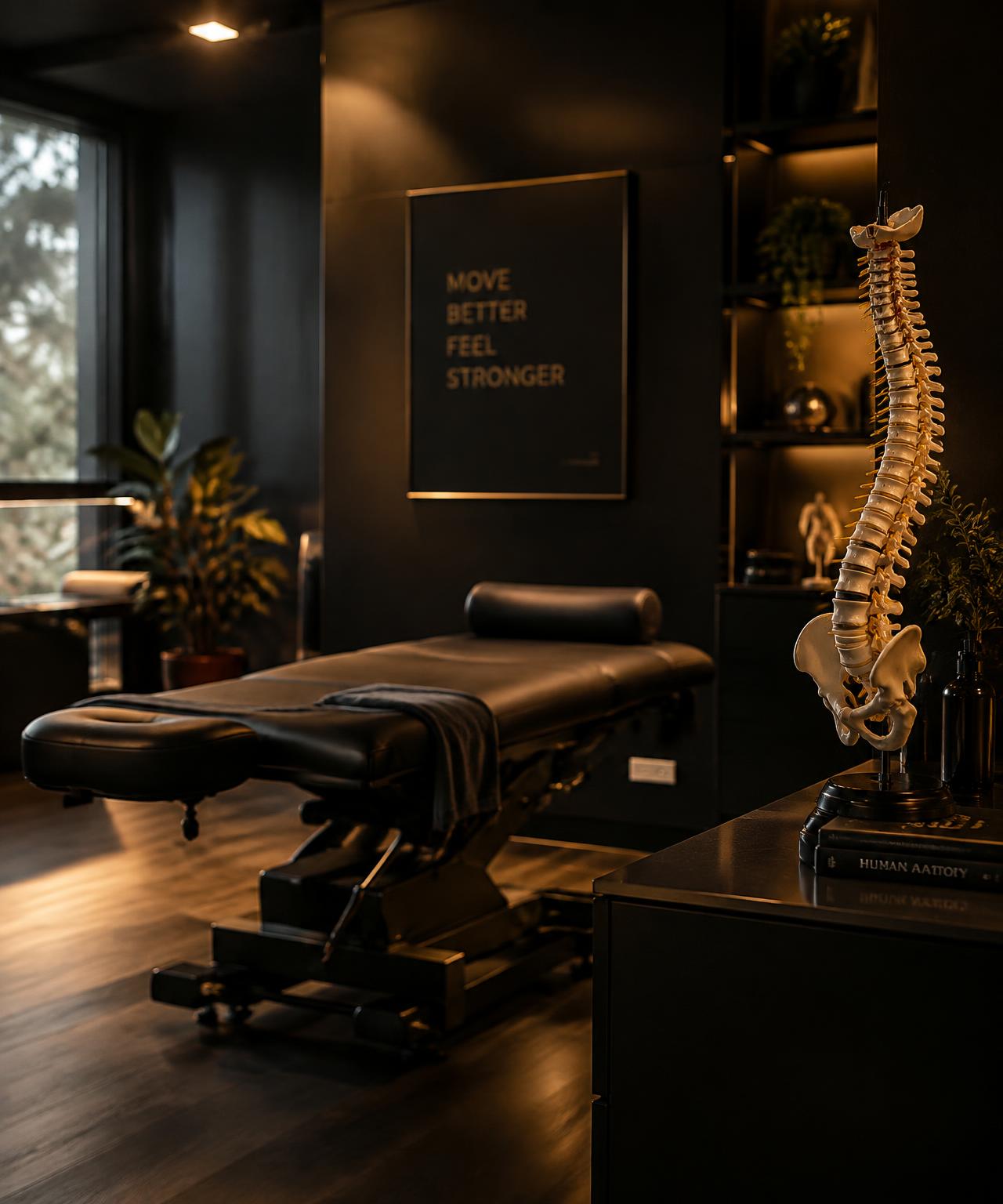 Consultório de fisioterapia com modelo de coluna